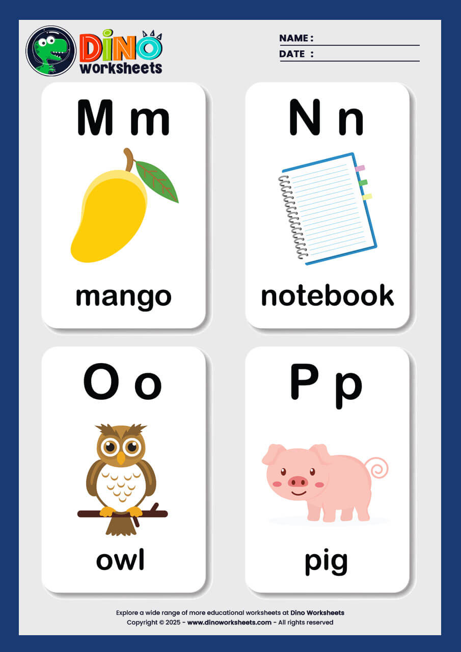A to Z Alphabets Flashcards for Kids- Dino Worksheets